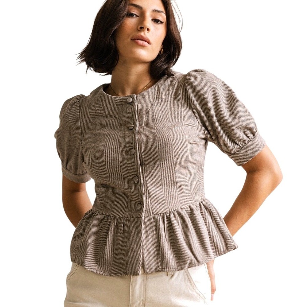 Böhme Herringbone Peplum Top Womens Small Brown Puff Sleeve Button Up Career
